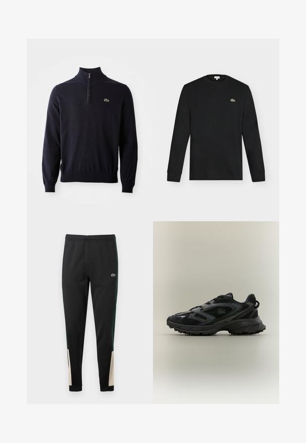 Tumesinine pullover neljatõmbe kaelusega, soonikkoes mansettide ja allaosa äärega, valmistatud pehmest kangast, millel on rinnal väike roheline krokodilli logo.; Must pika varrukaga ümar kaelusega särk, mille vasakul rinnal on väike roheline krokodillilogo, kuvatud ühevärvilise heleda tausta ees.; Mustmustrepp mustmustrohelised külje triibud ja beežid aktsendid sääreotsades. Elastne vöökoht ja Lacoste logo esiküljel. Sile tekstuur.; Must have musta, millel on võrgupaneelid, tekstuuriga talla, nöörid ja kõver siluett, millel on hõbedased aktsendid külgedel.