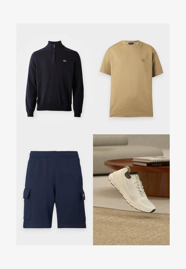 Námornícky modrý pulóver s golierom na štvrtinový zips, s rebrovanými manžetami a spodným lemom, vyrobený z mäkkého materiálu, s malým zeleným logom krokodíla na prsiach.; Béžové bavlnené tričko s krátkymi rukávmi, okrúhlym výstrihom a malým tónovaným logom na hrudi. Hladká textúra, neformálny dizajn.; Námornícky modré cargo šortky vyrobené z mäkkej látky, s elastickým pásom, dvoma bočnými vreckami a malým logom na ľavom vrecku.; Biele ľahké tenisky s pleteným zvrškom a hrubou podrážkou, ktoré sa vznášajú nad béžovým kobercom pri drevenom okrúhlom konferenčnom stolíku s knihami.