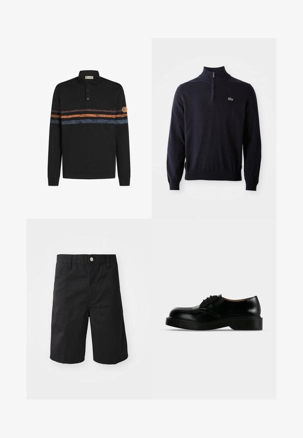 Marineblå pullover med kvart-zip hals, ribbede manchetter og kant, lavet af blødt stof, med et lille grønt krokodillelogo på brystet.; Sort langærmet polo-shirt med et struktureret horisontalt stribemønster i orange og blå, med et logo-patch på venstre ærme.; Sorte bomuldsshorts med lige snit, bæltestropper, metalknaplukning og uden synlige mønstre eller accenter.; Sort poleret læder snørestøvle med tyk sål, rundet tå og lav hæl, vist fra siden på en ensfarvet baggrund.