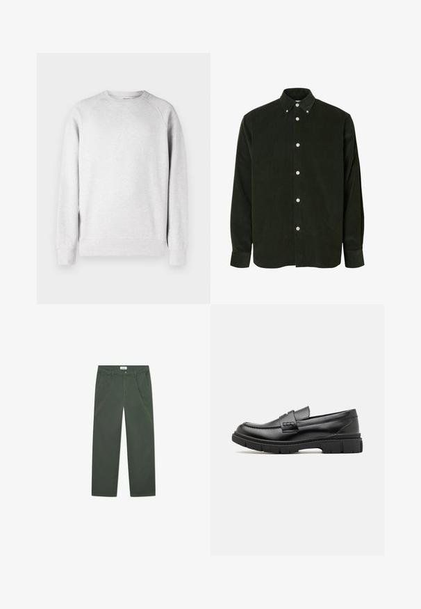 Lys grå crew neck sweatshirt med lange ærmer, ribbede manchetter og kant, vist mod en hvid baggrund.; Mørkegrøn fløjlsbluse med lange ærmer, hvide knapper og krave med knapper, vist mod en hvid baggrund.; Mørkegrønne bomuldsbukser med lige ben-design, forlommer og knaplukning i taljen. Glat tekstur, uden mønstre.; Sort læder loafersko med en bred rem over forfoden, gummisål med tykke mønstre og glat overflade. Klassisk, slankt design.