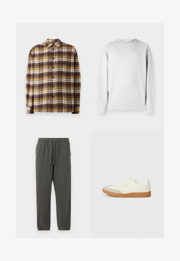 Lys grå crew neck sweatshirt med lange ærmer, ribbede manchetter og kant, vist mod en hvid baggrund.; Brun, gul og hvid ternet skjorte med knapper, lavet af stof; har krave, lange ærmer, og frontknapper. Lille logo mærke på brystet.; Mørkegrå bomulds-sweatpants med elastisk talje, snoretræk, sidelommer og en diskret vertikal grafik på højre lår.; Sneaker lavet af hvid læder med en beige tåhætte og let brunt gummisål. Har flade hvide snørebånd og prægede branding på siden.