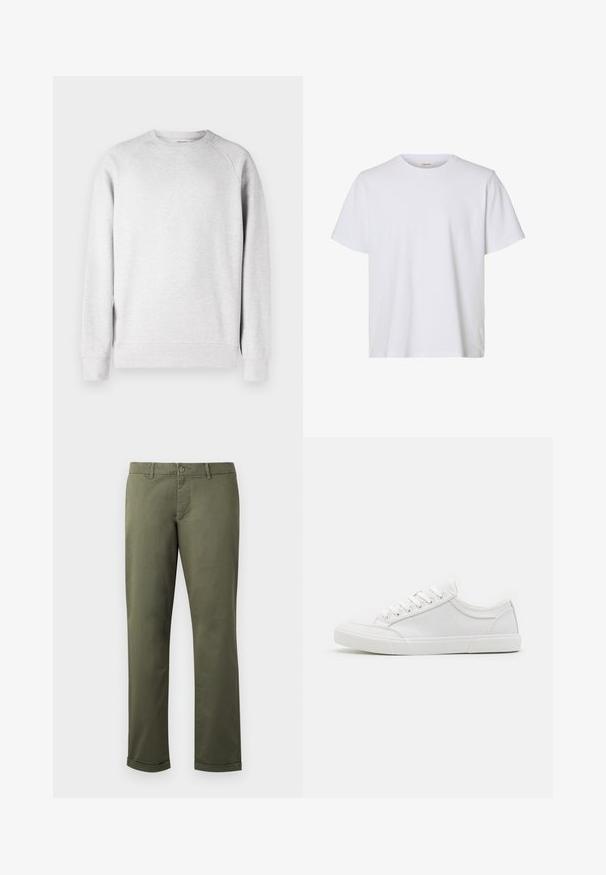 Sweatshirt léger gris clair à col rond, avec des manches longues, des poignets et un ourlet côtelés, présenté sur un fond blanc.; T-shirt blanc uni à manches courtes, col rond, coupe régulière et texture de tissu lisse, présenté sur fond blanc.; Pantalons en coton vert olive avec une coupe droite, ourlets retroussés, poches avant et fermeture à bouton. Texture lisse avec des détails de couture subtils.; Baskets blanches avec une tige en cuir lisse, bout rond, semelle plate en caoutchouc et six œillets pour les lacets. Détails de couture subtils, design minimaliste.
