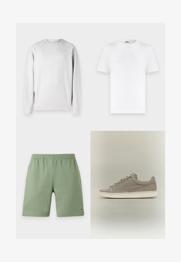Lichtgrijze sweatshirt met ronde hals en lange mouwen, met ribgebreide manchetten en zoom, tegen een witte achtergrond weergegeven.; Witte T-shirt met korte mouwen en ronde hals, met een geribbelde textuur en een klein neklabel met de tekst "DRYKORN" op een effen lichte achtergrond.; Groene katoenen shorts met een elastische tailleband, ontspannen pasvorm en een klein geborduurd logo aan de onderkant aan de linkerzijde. Gladde textuur, geen zakken.; Lichtgrijze suède lage sneaker met witte rubberen zool en veters, gezien vanaf de linkerkant tegen een neutrale achtergrond.
