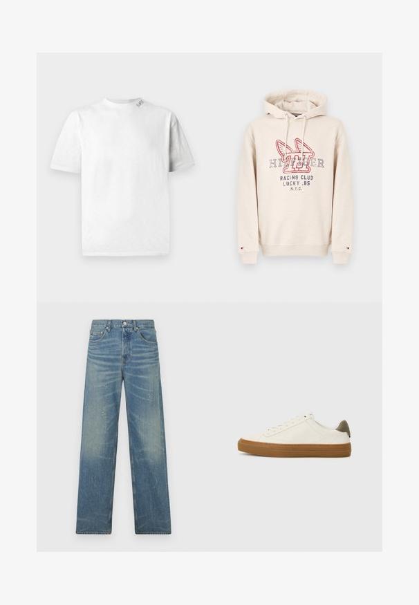Beige hættetrøje med teksten "Tommy Hilfiger Racing Club Lucky .85 NYC" og det vingeformede "H" logo i rød og navy på fronten, snøre til hætten, ribbede manchetter.; Hvid kortærmet T-shirt med rund halsudskæring, der har en subtil tekstur og en lille logo-detail på venstre skulder.; Blå lige ben jeans med falmet vask, lette malingspletter, frontknap og fem-lommes design på en hvid baggrund.; Hvide lædersneakers med rund tå, gummisål og olivengrøn hælaccent. Har snørelukning og minimal syning.