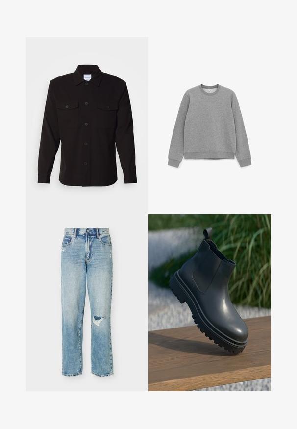 Simpel grå langærmet crewneck sweatshirt med ribstrikkede ærme- og bundkanter, lagt fladt på en hvid baggrund.; Sort skjorte med lange ærmer, knaplukning foran, to brystlommer og en struktureret krave. Fremstillet af et ensartet stof med en glat tekstur.; Lyseblå denimjeans med en afslappet pasform, der har slidte områder og en lille revne på højre knæ.; Sorte gummistøvler til anklerne med tekstureret finish, tyk, skridsikker sål, elastiske sidelapper og en løkke bagpå, hvilende på en træoverflade.