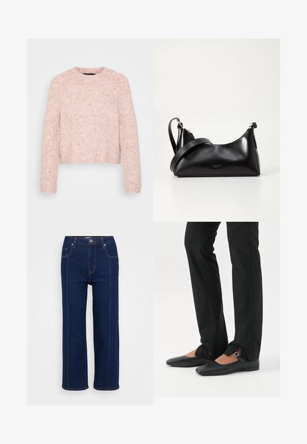 Lichtroze sweater van gestructureerd breigoed, met een ronde halslijn en ribbels aan de mouwuiteinden, met een licht cropped zoom.; Donkerblauwe rechte jeans met knoopsluiting, voor- en achterzakken, en zichtbare oranje stiksels langs de naden.; Benen met zwarte smalle broek met voorsplitten aan de zoom, gecombineerd met zwarte platte Mary Jane-schoenen met een klein gespje.; Zwarte leren handtas met een gladde textuur. Beschikt over een verstelbare schouderband en een strak, minimalistisch ontwerp met een ritssluiting.