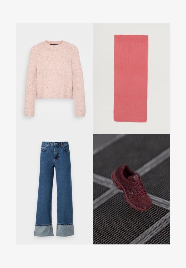 Suéter rosa claro hecho de material de punto texturizado, con un cuello redondo y puños acanalados, y un dobladillo ligeramente corto.; Vaqueros de denim azul de pierna ancha con dobladillo deshilachado y acentos decorativos plateados en los puños. Cuenta con un cierre de botón y un diseño de cinco bolsillos.; Zapatilla de running roja de Nike con parte superior de malla, detalles texturizados, cuello acolchado y suela gruesa, posicionada sobre una superficie enrejada.; Bufanda de punto en un vibrante color rosa; forma rectangular con textura acanalada y bordes rectos. El material parece suave y elástico.