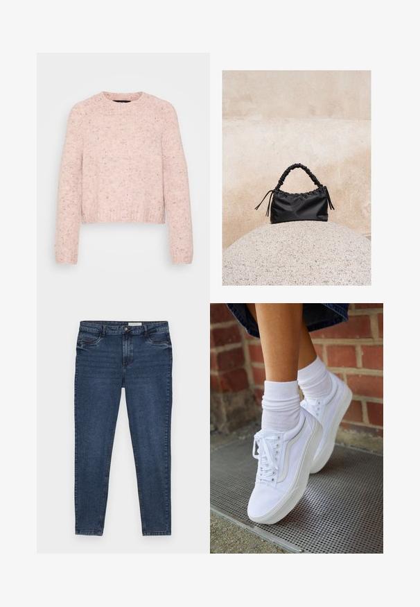 Heled roosa sviiter, mis on valmistatud tekstuurilisest kudumist, ringja kaeluse ja ribadega mansettidega ning veidi lühema hemiga.; Tumedatest sinised denim püksid slim-fit lõikega, viie taskuga disain ja kuldne õmblus. Omab luku ja nööbi sulgemist. Sile tekstuur.; Valged kanvas tennisikud kummitaldadega, kuue silmaga, ümmarguse varbaga ja kergete tikandite detailidega, koos valgete pahkluusokkidega.; Must kurruline käekott korjatud sangaga, mis toetub tekstuurse kivikuuli peale beeži betoonseina taustal.