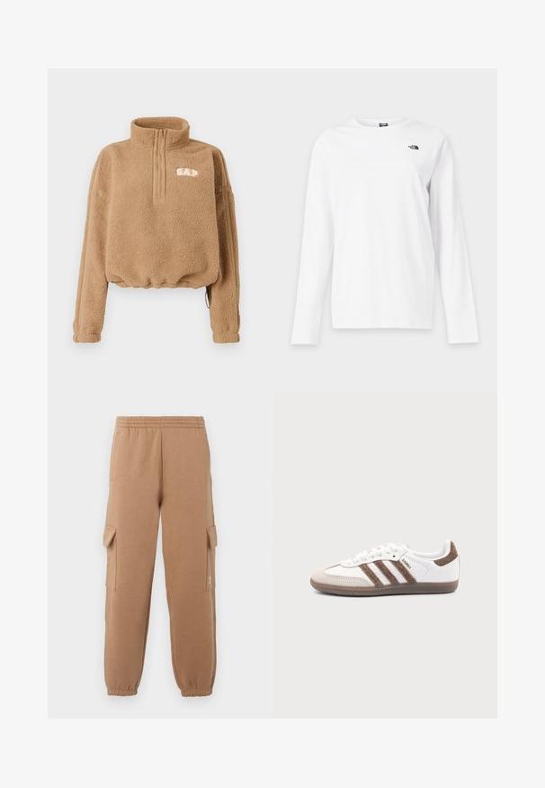 Tan fleece-pullover med halvlynslukning ved kraven, elastisk taljebånd og detaljer med striber på siden. Har "GAP"-logo i hvidt på brystet.; Hvid langærmet T-shirt med rund hals og lille sort The North Face-logo på venstre bryst.; Beige cargo-bukser lavet af blødt stof med elastisk midte, omslag ved anklerne og sidelommer, med en lille logo-detalje.; Hvid Adidas Samba sneaker med brune ruskindstriber, brun gummisål og beige ruskindståhætte, vist fra ydersiden på en ensfarvet baggrund.