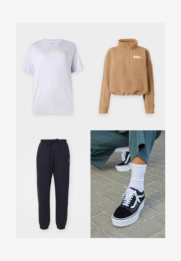 Beige fleece pullover met een halve ritssluiting bij de kraag, elastische tailleband en details met strepen aan de zijkant. Op de borst staat het "GAP"-logo in het wit.; Licht lavendelkleurig katoenen T-shirt met ronde hals, korte mouwen en een gouden grafische print van palmbomen op de voorkant.; Navy joggingsbroek gemaakt van zacht materiaal, met een elastische tailleband met drawstring, taps toelopende pijpen en een klein wit logo aan de voorkant.; Zwarte suède sneaker met witte accenten en veters, uitgerust met een dikke witte zool en contrasterende stiksels, gecombineerd met een witte sok.