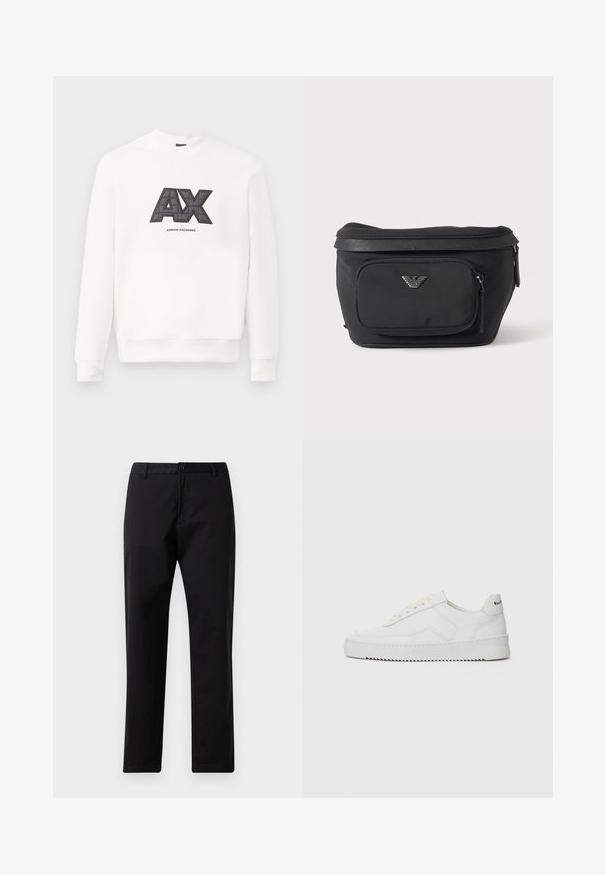 Hvid sweatshirt lavet af blødt stof. Har et fremtrædende sort og gråt "AX" logo med quilted tekstur og teksten "ARMANI EXCHANGE" nedenfor.; Sorte lige bukser med knap- og lynlåslukning, bæltestropper og forlommer, præsenteret på hvid baggrund.; Hvide lædersneakers med en glat overflade, rund tå, flade snørebånd og en tekstureret sål. Har et diskret logo på hælen.; Sort bæltetaske med frontlynlåslomme og sølv ørn-logo, glat stof med tekstureret kant og lynlåstræk.