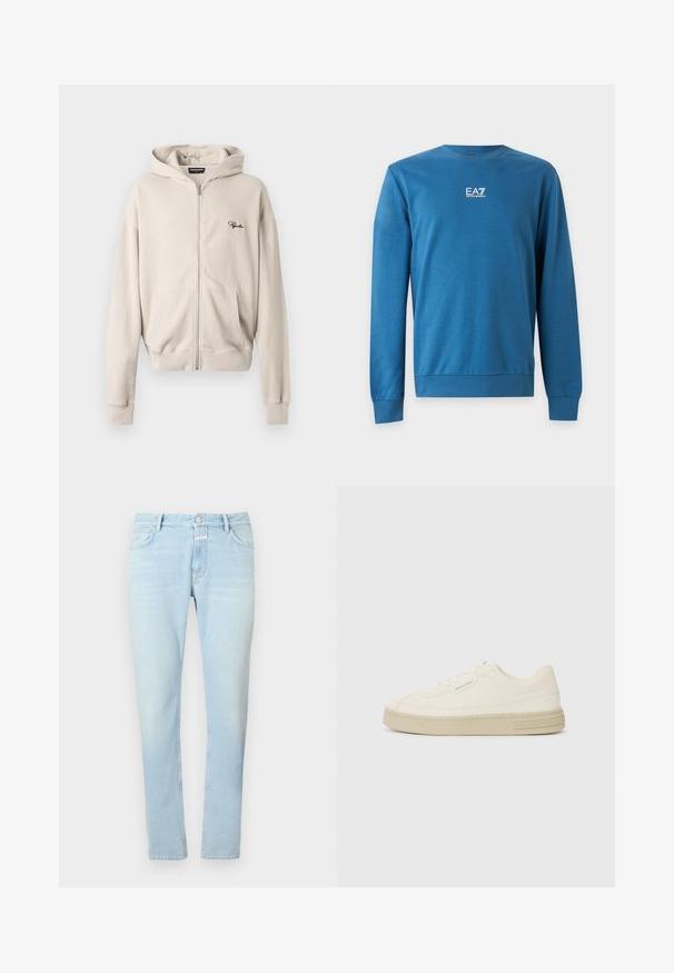 Blauwe sweatshirt met lange mouwen en ronde hals, met wit "EA7 Emporio Armani" logo in het midden van de borst.; Beige ritsjack in ribbelstof, met een voorzak, zachte textuur en een klein zwart logo op de linkerkant van de borst.; Lichtblauwe slim-fit spijkerbroek met knopen aan de voorkant, rits en vijf zakken, plat gelegd op een effen witte achtergrond.; Witte canvas sneakers met een gestructureerde rubberen zool, featuring een gestikte neuskap en logo-accent op de hak. Eenvoudig vetersluiting ontwerp.