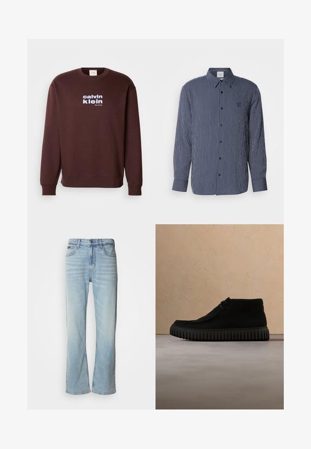 Brun crew neck sweatshirt lavet af bomuld, med et hvidt logo "calvin klein" og "New York City" trykt på forsiden i fede typer.; Marineblå skjorte med knapper, hvide lodrette striber, lange ærmer, spids krave og broderet logo på brystet.; Lyseblå denimjeans med lige ben, der har fem lommer, knaplukning og en subtil falmning på stoffet.; Sorte ankelstøvler lavet af blødt materiale, med rund tå, minimal snøring og en tekstureret gummisål med lodrette riller.
