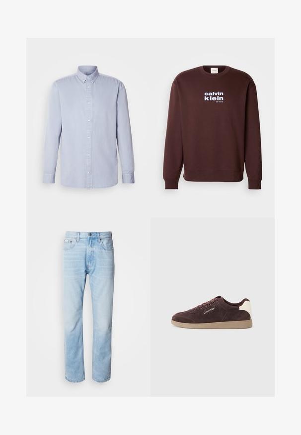 Sudadera marrón de cuello redondo hecha de algodón, con un logotipo blanco "calvin klein" y "New York City" impresos en la parte frontal en letras negritas.; Camisa de botones de manga larga en azul claro, hecha de algodón con una textura suave, que presenta un cuello clásico y botones en la parte delantera.; Vaqueros de mezclilla azul claro con corte recto, con secciones desgastadas, diseño de cinco bolsillos y cierre de botones clásico.; Zapatillas de ante marrón con un acento en el talón de color beige claro, presentan un logotipo blanco en el lateral, punta redonda y suela de goma beige.
