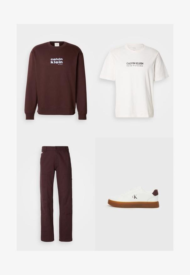 Καφέ μπλούζα τύπου crew neck φτιαγμένη από βαμβάκι, με λευκό λογότυπο "calvin klein" και "New York City" τυπωμένα στο μπροστινό μέρος με έντονα γράμματα.; Λευκό βαμβακερό μπλουζάκι με κοντά μανίκια, στρογγυλή λαιμόκοψη και «CALVIN KLEIN NEW YORK» τυπωμένο σε σκούρο γκρι στο στήθος.; Σκούρο μπορντό cargo παντελόνι κατασκευασμένο από ανθεκτικό βαμβάκι. Διαθέτει δύο μεγάλες πλαϊνές τσέπες, σχέδιο ίσιας γραμμής και κουμπί κλεισίματος στη μέση.; Λευκά αθλητικά παπούτσια με καουτσούκ σόλα, επίπεδους κορδόνια και καφέ σουέτ λεπτομέρεια στη φτέρνα. Διαθέτει μια διακριτική ανάγλυφη λογότυπο "cK" στο πλάι.