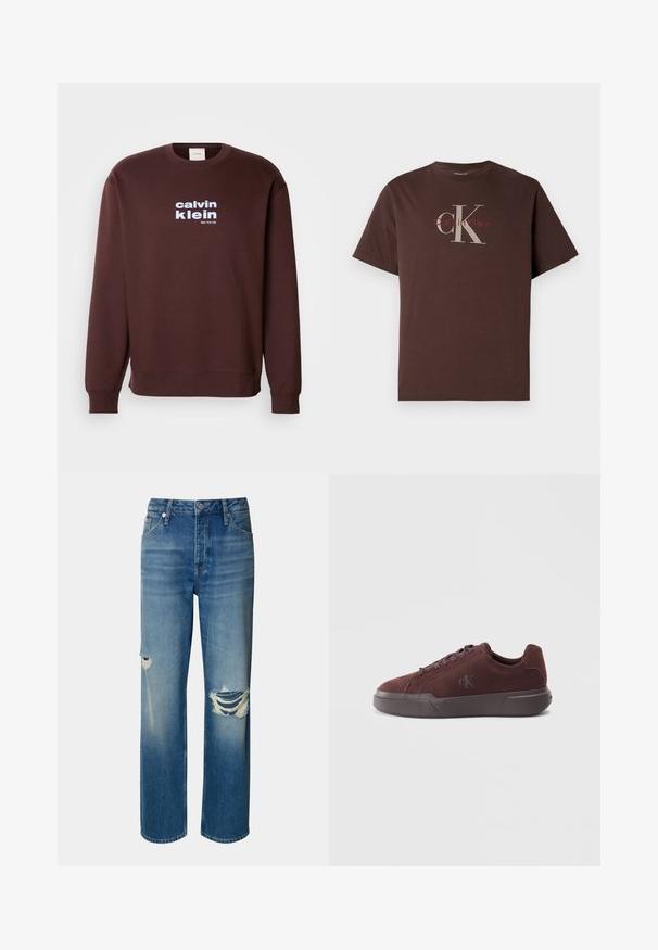 Brauner Rundhalsausschnitt-Pullover aus Baumwolle mit einem weißen Logo "calvin klein" und "New York City", das in fetter Schrift auf der Vorderseite gedruckt ist.; Braunes Baumwoll-T-Shirt mit kurzen Ärmeln, versehen mit einem großen grauen "CK"-Logo und kleinem roten "Calvin Klein"-Schriftzug. Schlichtes, locker geschnittenes Design.; Helle blaue Denim-Jeans mit hoher Taille, geradem Bein und ausgefransten Rissen an beiden Knien. Mit klassischem Fünf-Taschen-Design und Knopfverschluss.; Burgunderfarbene Wildledersneaker mit Gummisohle, runden Schnürsenkeln und einem dezenten, geprägten Logo an der Seite zur Markenkennzeichnung.