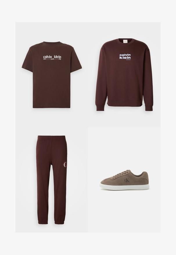 Καφέ μπλούζα τύπου crew neck φτιαγμένη από βαμβάκι, με λευκό λογότυπο "calvin klein" και "New York City" τυπωμένα στο μπροστινό μέρος με έντονα γράμματα.; Καφέ βαμβακερό t-shirt με κοντά μανίκια. Διαθέτει λευκό κείμενο "calvin klein new york city" στο μπροστινό μέρος. Κλασικός σχεδιασμός με στρογγυλή λαιμόκοψη.; Μπορντό φόρμες από μαλακό βαμβάκι, με ελαστική μέση, μανσέτες στους αστραγάλους και μια διακριτική λογότυπη εκτύπωση στο αριστερό πόδι.; Χαμηλό sneaker από κασσίτερο σουέτ με μπεζ κορδόνια, λευκή καουτσούκ σόλα και διακριτικό λογότυπο "cK" στο πλάι.