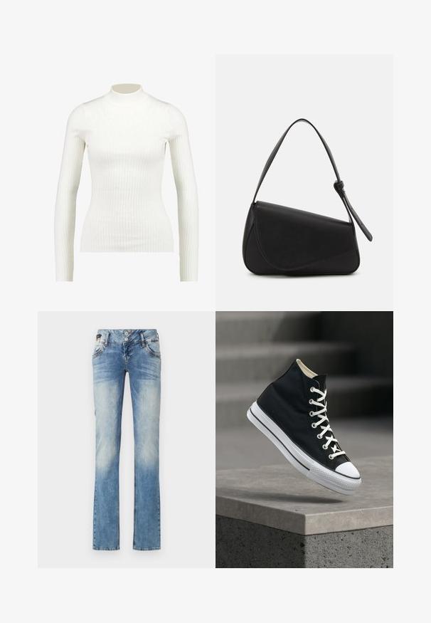 Gestreiftes, weißes Langarm-Turtleneck-Oberteil mit tailliertem Design und glatter Textur, das einen hohen Kragen und eine schmale Silhouette aufweist.; Helleblaue Denim-Jeans mit geradem Bein, ausgestattet mit einem Fünf-Knopf-Verschluss, Fronttaschen und dezenten Ausbleichungen.; Schwarzer High-Top-Sneaker mit weißen Schnürsenkeln und Gummisohle, der am Rand einer grauen Betonplattform balanciert.; Schwarze Lederhandtasche mit dreieckiger Form, schrägem Klappdeckel und rundem Oberhandgriff. Verfügt über eine glatte Textur und minimalistische Designdetails.