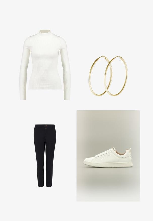 Geribbelde witte lange mouw turtleneck top met een fitted ontwerp en gladde textuur, voorzien van een hoge halslijn en slanke silhouet.; Zwarte op maat gemaakte broek van een katoenmix, met twee knopen aan de voorkant, een rechte snit en een gladde textuur. Geen zichtbare patronen.; Witte lage sneaker met veters, geperforeerde details aan de zijkant en een trek lus op de hiel, tegen een neutrale achtergrond.; Gouden hoop oorringen met een glad, rond ontwerp en een glanzende afwerking. Lichtgewicht constructie met een stevige sluiting.