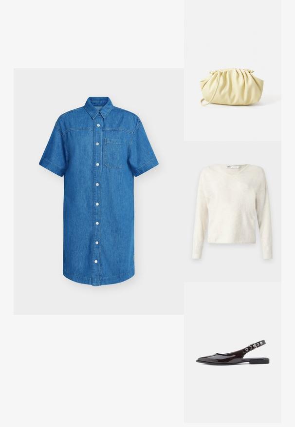 V-hals creme sweater lavet af blødt materiale, med lange ærmer og ribbede manchetter, i et let cropped, løst design.; Kortærmet denimskjorte i klar blå, med knaplukning, enkelt brystlomme og lige skåret kant. Blød tekstur.; Sorte slingback-flats i lakeret læder med spids tå, flad hæl og justerbar rem med sølvfarvet hardware og nitteaccents.; Gul plisseret håndtaske lavet af glat kunstlæder, med en blød form, en enkelt skulderrem og samlet topdesign.