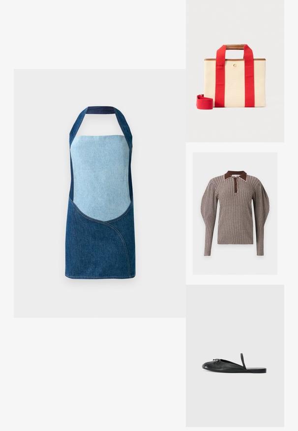 Pikkade varrukatega soonikkoes kampsun pruuni ja beeži triibuga, õlgadel patseeritud, pruun krae ja kolm-nupuline nööbidetail.; Denim eesriiet, mis koosneb heledast ja tumedast sinisest kangast, kaarjate paneelide kujundustega ja halternööbiga siluett.; Mustmust musta kinga, millel on ümar näpp, külgsed lõiked ja õhuke rihm kanna juures. Üksluisel tekstuuril on minimalistlik disain.; Beežist ristkülikukujuline lõuendist poekott laiade punaste rihmade, pruuni nahkkaunistuse ja eemaldatava punase õlarihmaga helel taustal.