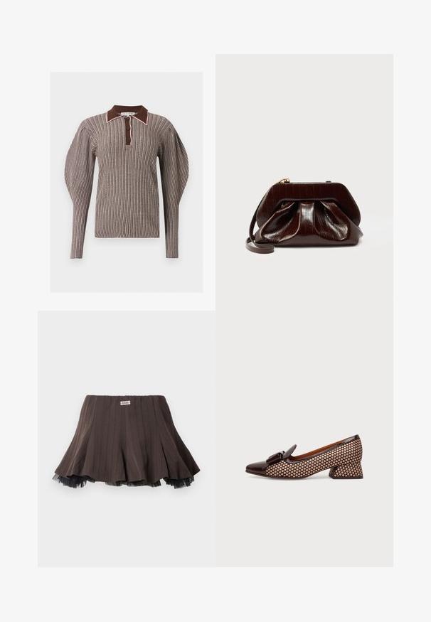Pull en maille côtelée à manches longues avec rayures marron et beige, épaules bouffantes, col marron et patte de boutonnage à trois boutons.; Jupe plissée marron en tissu texturé, avec un ourlet en tulle noir superposé et une petite étiquette de logo à la taille.; Chaussure à talon bloc bas pour femme avec bout en cuir verni marron et nœud, tige et talon en tissu beige à pois marron foncé, vue de côté.; Pochette en cuir brillant marron foncé avec un design plissé et une fine lanière pour poignet sur fond blanc.