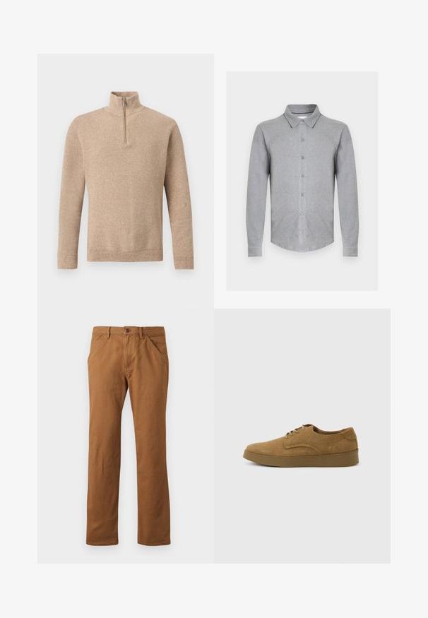 Beige tekstureret strikket sweater med lange ærmer og en kort lynlås foran, der går op til en ståkrave, vist på en ensfarvet baggrund.; Grå langærmet skjorte lavet af blødt stof med en krave, knapper foran og buet kant. Enkel design uden mønstre.; Brune bomuldsbukser med lige pasform, udstyret med knaplukning, sidelommer og en glat tekstur. Velegnet til hverdag.; Brun ruskindslærredsko med snørebånd og flad gummisål, set fra siden på en ensfarvet lys baggrund.