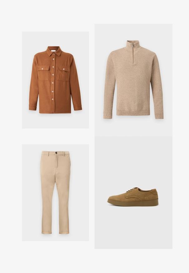 Pull en maille beige texturé avec manches longues et une courte fermeture éclair frontale s'étendant jusqu'au col montant, présenté sur un fond uni.; Veste-chemise marron à manches longues avec deux grandes poches poitrine à boutons et un col classique sur un fond uni.; Chinos beiges en tissu lisse, avec une coupe droite, des poches avant, et une fermeture à un seul bouton noir à la taille.; Chaussure décontractée à lacets en daim marron avec semelle en caoutchouc plate, vue de côté sur un fond clair uni.