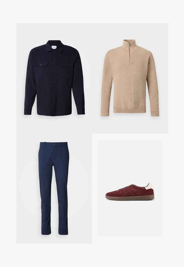 Beige tekstureret strikket sweater med lange ærmer og en kort lynlås foran, der går op til en ståkrave, vist på en ensfarvet baggrund.; Marineblå skjortejakke lavet af blødt stof, der har to brystlommer, knaplukning foran og lange ærmer med knapmanchetter.; Mørkeblå bukser lavet af glat stof, med design i lige ben, lynlås i front og en enkelt forlommmepose med knaplukning.; Bordeaux ruskindsneaker med snørelukning foran, tekstureret sideudformning og lysfarvet hælaccents. Gummisål med glat finish.
