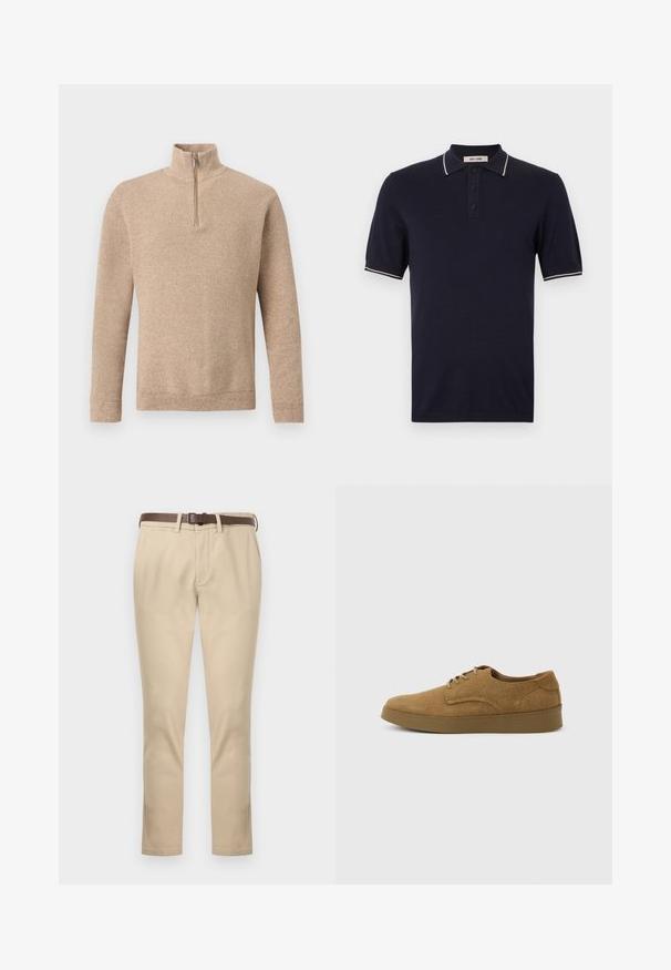 Pull en maille beige texturé avec manches longues et une courte fermeture éclair frontale s'étendant jusqu'au col montant, présenté sur un fond uni.; Polo bleu marine en coton avec un col classique, une patte de boutonnage à trois boutons, et un bord contrastant blanc sur les manches.; Pantalon beige droit avec poches latérales, passants pour ceinture, braguette zippée et ceinture en cuir marron foncé sur fond blanc uni.; Chaussure décontractée à lacets en daim marron avec semelle en caoutchouc plate, vue de côté sur un fond clair uni.