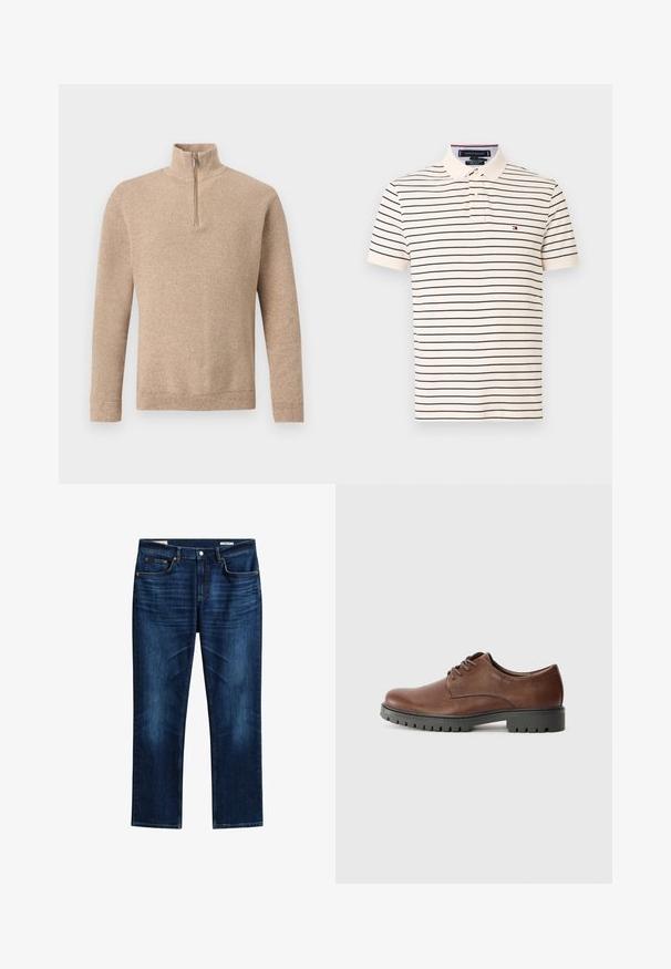 Pull en maille beige texturé avec manches longues et une courte fermeture éclair frontale s'étendant jusqu'au col montant, présenté sur un fond uni.; Polo rayé en crème avec des rayures bleu marine. Il présente un col classique, une patte à deux boutons, et un petit logo sur la partie gauche de la poitrine.; Jean en denim bleu foncé avec fermeture par boutons, cinq poches, légère décoloration aux cuisses et coupe droite.; Chaussure oxford en cuir marron avec une texture lisse, bout rond et semelle extérieure en caoutchouc noir avec un motif de semelle. Lacets fixés à l'avant.