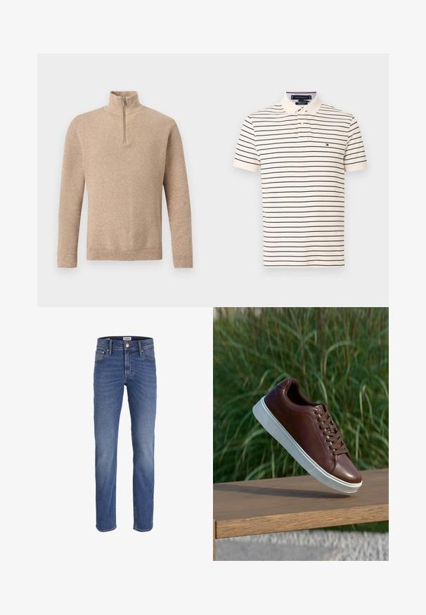Beige gebreide trui met textuur, lange mouwen en een korte ritssluiting aan de voorkant die doorloopt tot een opstaande kraag, weergegeven op een effen achtergrond.; Gestreept poloshirt in crème met marineblauwe strepen. Heeft een klassieke kraag, een knoopsluiting met twee knopen en een klein logo op het linkerborstgebied.; Blauwe spijkerbroek met rechte pijpen, knoop- en ritssluiting, voor- en achterzakken, en subtiele vervaging op de dijen en knieën.; Bruine leren sneaker met witte rubberen zool, vetersluiting, gladde textuur, ronde neus en subtiele stikdetails.