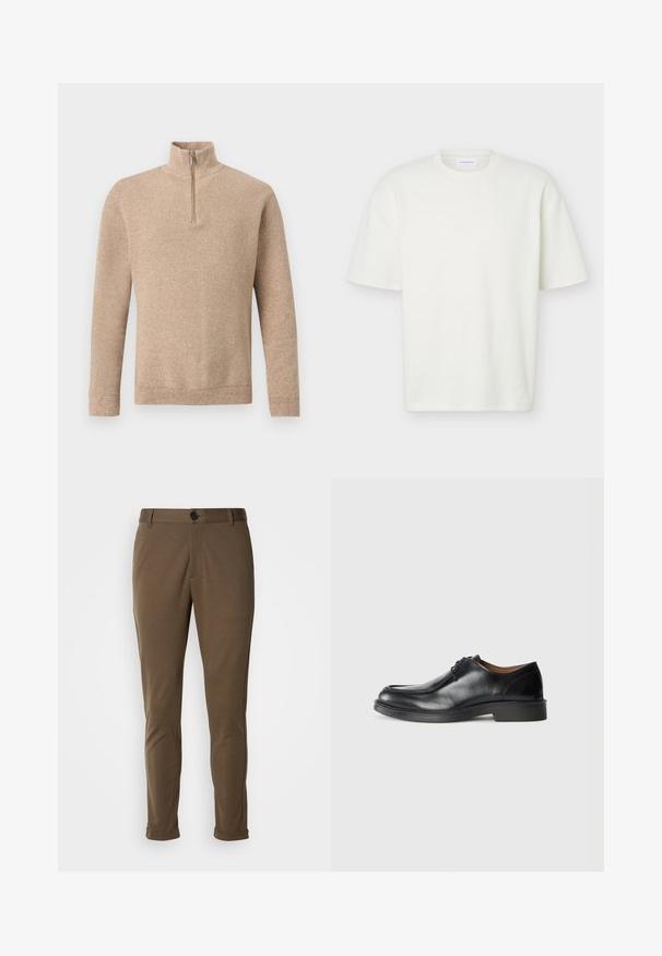 Beige tekstureret strikket sweater med lange ærmer og en kort lynlås foran, der går op til en ståkrave, vist på en ensfarvet baggrund.; Hvid tekstureret T-shirt med korte ærmer og rund hals med en almindelig pasform og et lille mærke indeni kraven.; Brune skræddersyede bukser med en glat tekstur, der har en knaplukning og rullede manchetter. Designet med en slim fit og funktionelle lommer.; Sorte lædersko med rund tå, glat overflade, snøre detaljer og en lav, tekstureret gummisål. Rene linjer og minimalistisk design.