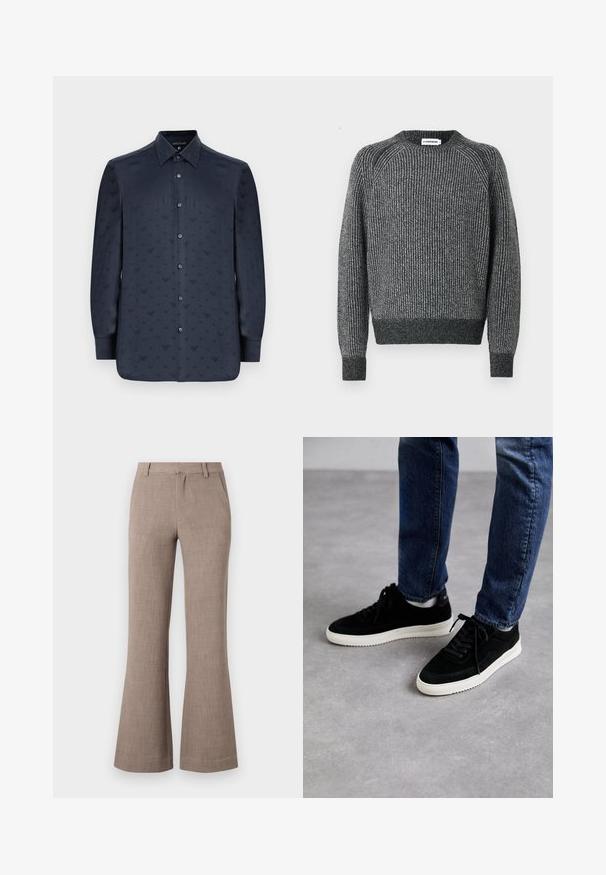 Grauer gerippter Pullover mit Rundhalsausschnitt, langen Ärmeln und fitted Saum. Verfügt über ein strukturiertes Design und Kontrastnähte.; Dunkelblaues, langärmliges Hemd mit Knopfleiste, das ein strukturiertes Muster kleiner V-Formen aufweist und aus glatter Stoff gefertigt ist.; Beige ausgestellte Hosen aus einem strukturierten Stoff, mit einem Reißverschluss und seitlichen Taschen für Funktionalität. Maßgeschneiderter Schnitt.; Schwarze Wildledersneaker mit einer weißen Gummisohle, die ein klassisches Low-Top-Design, eine abgerundete Spitze und flache schwarze Schnürsenkel aufweisen.