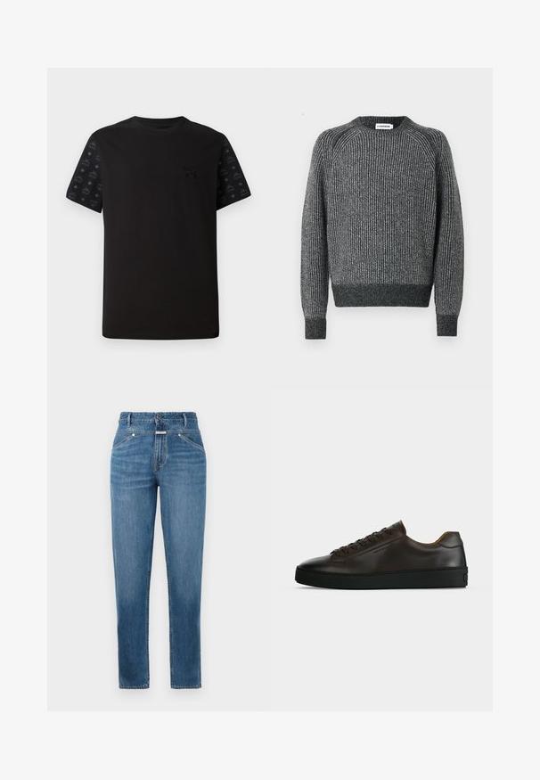 Grå ribbet sweater med rund hals, lange ærmer og en tætsiddende kant. Har et struktureret design og kontrastsyninger.; Sort t-shirt med korte ærmer, der har en ensfarvet front og mønstrede sorte detaljer på ærmerne. Materialet ser blødt og glat ud.; Blå, højtaljede straight-leg jeans med frontlommer, bæltestropper, knaplukning og subtile falmningdetaljer.; Lavprofil mørkebrune lædersneaker med sort gummisål, snørelukning foran og glat minimalistisk design på lys baggrund.