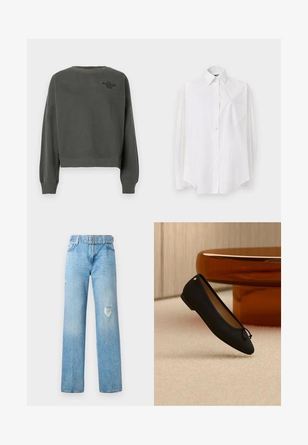 Grijze cropped sweatshirt met een ronde hals, lange mouwen en geribbelde manchetten. Heeft zwarte tekst "THE DANCE STUDIO BOSS" op de borst.; Witte blouse met lange mouwen van lichtgewicht stof, voorzien van een klassieke kraag, knoopsluiting en een hartvormig zakje aan de linkerkant.; Lichtblauwe denim jeans met een wijde pijp, voorzien van versleten details op de knieën en een klassiek vijf-pocket ontwerp met riemlussen.; Enkele zwarte ballerinaschoen met een klein strikje en gouden detail, geplaatst op een beige tapijt nabij een ronde amberkleurige tafel.