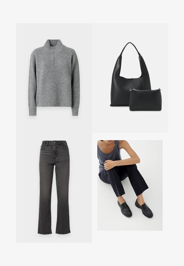 Pull en maille gris avec un col haut, demi-fermeture éclair, texture côtelée et manches longues. Présente un accent circulaire doré au niveau de la fermeture éclair.; Jean taille haute, jambe droite en denim gris foncé avec un léger effet délavé, poches avant et fermeture à un bouton. Design épuré et minimaliste.; Mocassins en cuir noir avec accents texturés, talon bas, bout arrondi, et coutures visibles. Modèle portant un pantalon sombre et un haut gris.; Even&Odd by Zalando Sac à main - black