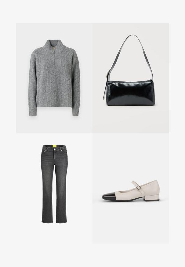 Suéter de punto gris con cuello alto, medio cierre, textura acanalada y mangas largas. Presenta un acento circular dorado en la cremallera.; Jeans de denim gris oscuro con diseño de pierna recta, estilo de cinco bolsillos y etiqueta de marca amarilla en la cinturilla. Cierre de botón metálico.; Zapato estilo Mary Jane en cuero crema con puntera de charol negro. Presenta una punta redonda, tirante en el tobillo con una hebilla cuadrada y un tacón bajo y cuadrado.; Bolso de hombro rectangular negro con una correa ajustable y un cierre de cremallera superior sobre un fondo liso.