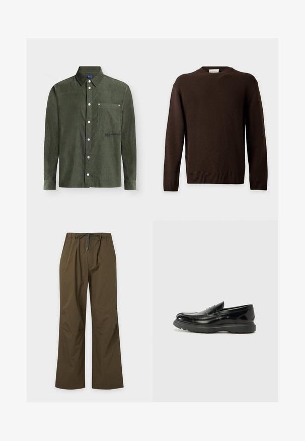 Pull en maille marron foncé à manches longues avec poignets et bas côtelés sur un fond clair uni.; Chemise en velours côtelé vert foncé à manches longues, poche poitrine et boutons-pression sur le devant.; Pantalon décontracté vert olive avec taille élastique et cordon de serrage à l'avant, coupe droite et coupe décontractée.; Mocassin en cuir noir avec une finition brillante, bout arrondi, détails de couture subtils et semelle en caoutchouc épaisse pour la durabilité.