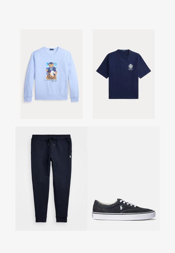 Hellblauer Sweatshirt mit einer Grafik eines in nautischer Kleidung gekleideten Bären, der auf einem Stuhl sitzt, mit dem Text „Polo Bear by Ralph Lauren“ darunter.; Marineblaues Baumwoll-T-Shirt mit kurzen Ärmeln, rundem Ausschnitt und weißem Logo mit Lorbeerakzenten auf der linken Brustseite.; Navyblaue Jogginghose mit einem Kordelzugbund, elastischen Bündchen und einem kleinen weißen Logo auf dem oberen linken Bein. Weicher Stoff.; Schwarze Denim-Sneaker mit weißen Schnürsenkeln und Gummisohlen. Mit einem kleinen weißen Logo an der Seite und kontrastierenden Nähten. Flaches Design.