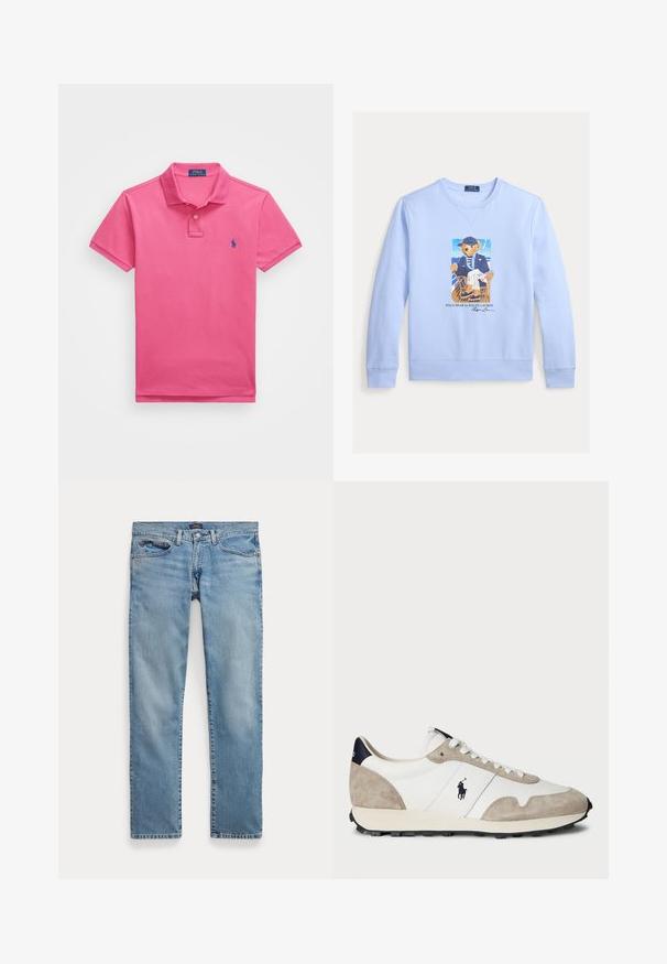Hele sinine dressipluus, millel on kujutis merendusrüüsse riietatud karust, kes istub toolil, allpool on tekst „Polo Bear by Ralph Lauren“.; Roosa polosärk, mis on valmistatud puuvillast, lühikeste varrukatega, kraega ja kahe nupuga. Vasakul rinnal on sinine tikandiga logo.; Hele sinised sirgete säärtega teksapüksid esitaskute ja nööpidega, tasapinnaliselt valgel taustal.; Valge ja beež sametist sneaker musta kummist tallaga ning Polo logo külgedel, vaadatuna väljastpoolt valge tausta ees.