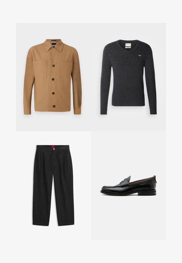 Dunkelgrauer V-Ausschnitt-Pullover aus weichem Material, mit langen Ärmeln und einem kleinen gestickten Logo auf der Brust.; BOSS CRAIG - Hemd - medium beige; Schwarze Hose mit hoher Taille, vorderen Falten, Gürtelschlaufen, Knopf- und Reißverschluss sowie einem roten Etikett innen am Bund.; Schwarzer Leder-Herrenschuh mit Mokassinnaht, Penny-Riemen, strukturiertem Kragen und niedrigem gestapeltem Absatz auf weißem Hintergrund.