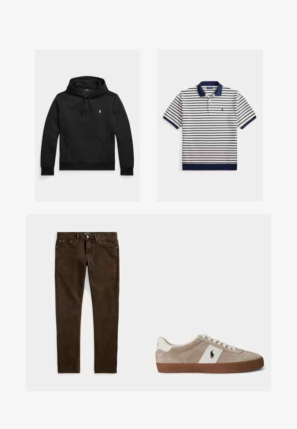 Čierna mikina s dlhým rukávom, predným vreckom, kapucňou so šnúrkou a malým bielym logom Polo Ralph Lauren na ľavej strane hrudníka.; Biele polo tričko s krátkym rukávom s námorníckymi modrými horizontálnymi pruhmi, námorníckym golierom a malým vyšívaným logom na ľavej strane hrudníka.; Úzke tmavohnedé džínsy s piatimi vreckami, zapínaním na gombík a zips a s viditeľnými štítkami značky Polo na páse a prednom vrecku.; Béžová semišová nízka teniska s bielymi šnúrkami, bielym koženým prvkom s čiernym logom koňa a hnedou gumovou podrážkou.
