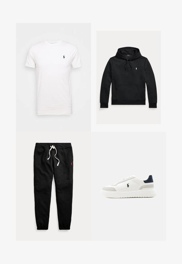 Sweat à capuche noir à manches longues avec poche kangourou, capuche à cordon et petit logo Polo Ralph Lauren blanc sur la poitrine gauche.; T-shirt en coton blanc à col rond. Présente un petit logo bleu marine sur la poitrine gauche. Manches courtes, texture lisse.; Pantalon de survêtement noir avec cordon blanc, poignets élastiques, poches latérales et petit logo rouge sur la cuisse gauche.; Baskets basses blanches avec languette de talon noire, accents en daim gris, semelle épaisse et logo Polo noir sur le côté extérieur.