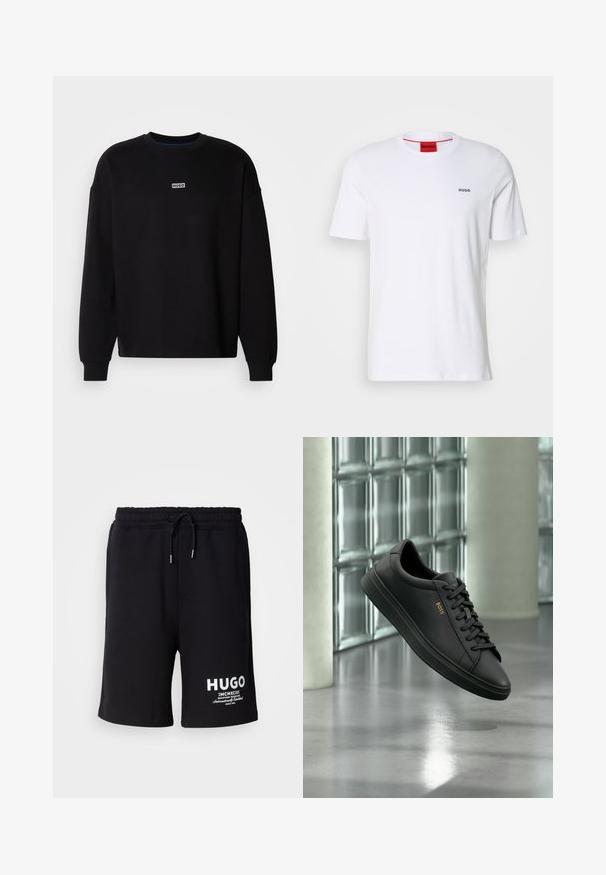 Zwarte sweatshirt gemaakt van katoen. Heeft een ronde hals en lange mouwen. Bevat een klein wit logo-label met "HUGO" op de borst.; Witte katoenen t-shirt met korte mouwen, een ronde halslijn en een klein zwart "HUGO" logo op de linkerkant van de borst. Voorzien van een rood etiket aan de binnenkant van de hals.; Zwarte katoenen shorts met een elastische tailleband en koord. Witte "HUGO" logo op het linkerpijp. Eenvoudig ontwerp, knielange snit.; Zwarte lage leren sneaker met zwarte veters en gouden BOSS-logo aan de zijkant, zwevend boven glanzende grijze vloer in een moderne binnenruimte.