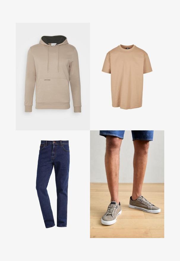 Jack & Jones JJCONTRAST HOOD - Kapuzenpullover - crockery; Beige Baumwoll-T-Shirt mit Rundhalsausschnitt, kurzen Ärmeln und lockerer Passform; zeichnet sich durch eine glatte Textur und ein minimales Design aus.; Dunkelblaue gerade geschnittene Denim-Jeans mit Vordertaschen, Knopfverschluss, Gürtelschlaufen und sichtbaren Nähten.; Graue Wildledersneaker mit weißen Gummisohlen, einem niedrigen Design und marineblauen Akzenten. Die Schnürsenkel und perforierte Details an den Seiten sind sichtbar.