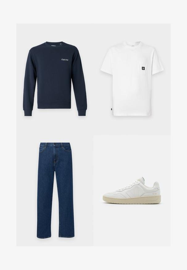 Marineblå sweatshirt med rund hals, lange ærmer, ribbede manchetter og kant. Har "Club1990" broderet på venstre bryst. Blød stofstruktur.; Hvid bomulds T-shirt med rund halsudskæring, korte ærmer og en brystlomme med en sort logopatch. Glat tekstur, løs pasform.; Mørkeblå straight-leg denim jeans med forhåndslommer og knaplukning, vist på en ensfarvet hvid baggrund.; Hvide lædersneakers med struktureret overflade og polstret krave. Har en beige gummisål og diskret branding på hælen og siden.