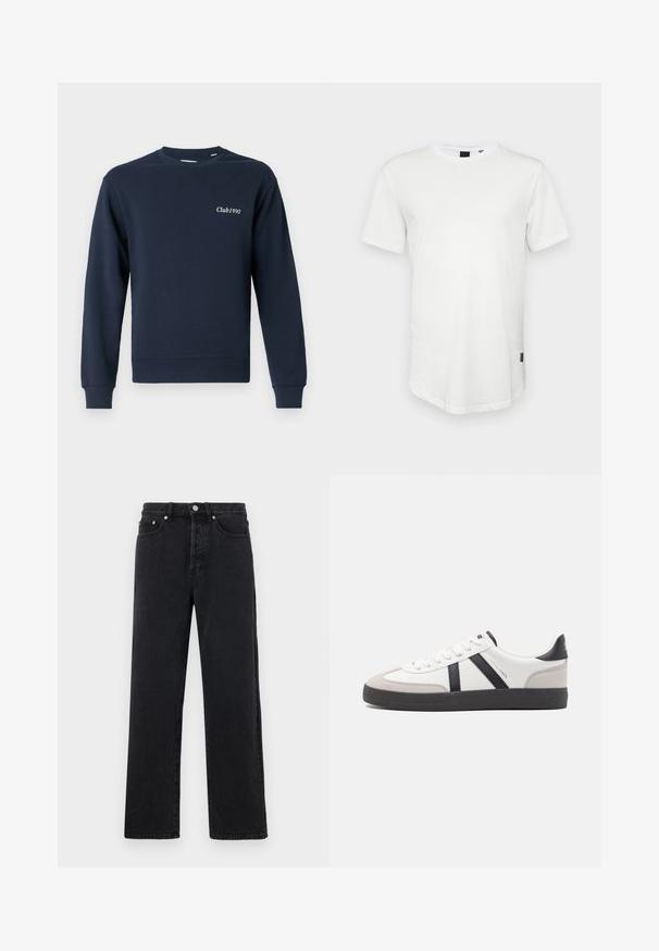 Navyblaue Sweatshirt, Rundhalsausschnitt, lange Ärmel, gerippte Bündchen und Saum. Mit "Club1990" auf der linken Brust bestickt. Weicher Stoff.; Weißes T-Shirt mit kurzen Ärmeln aus Baumwolle, mit Rundhalsausschnitt und einem leicht verlängerten Rückenteil, sowie einem kleinen Logo-Akzent an der Seite.; Schwarze Jeans mit geradem Bein und hohem Bund, fünf Taschen und Metallknopfverschluss. Der Stoff hat eine glatte Textur und einen leichten Glanz.; Weiße Sneaker mit schwarz- und grau-aczenten, ausgestattet mit einer strukturierten grauen Zehenkappe, schwarzer Gummi-Sohle und flachen weißen Schnürsenkeln. Sauberes Design, minimalistische Stil.