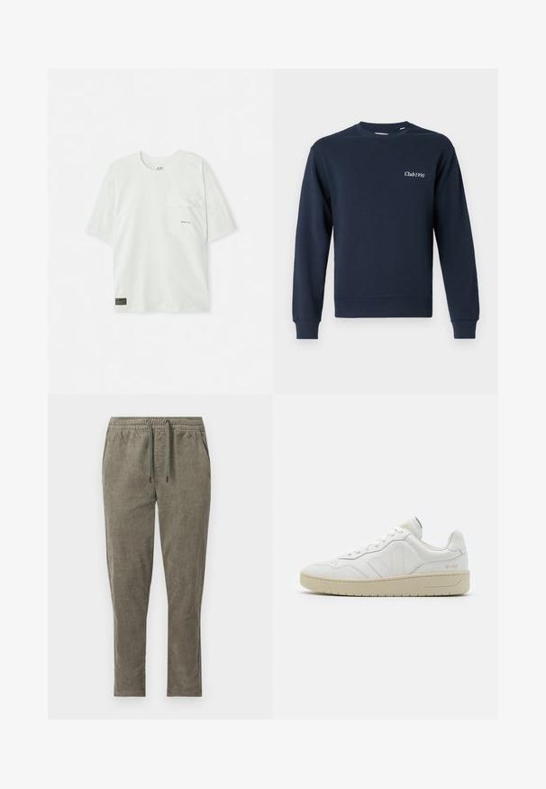 Navyblaue Sweatshirt, Rundhalsausschnitt, lange Ärmel, gerippte Bündchen und Saum. Mit "Club1990" auf der linken Brust bestickt. Weicher Stoff.; Kurzärmliges, hellgrünes T-Shirt aus Baumwolle. Verfügt über eine Brusttasche und ein kleines Logo in der Nähe der Tasche. Weicher Stoff, lässiges Design.; Olivgrüne Cordhose mit elastischem Bund und Kordelzug, mit Seitentaschen und geradem Bein.; Weiße Leder-Sneaker mit strukturierter Oberfläche und gepolstertem Kragen. Sie verfügen über eine beigen Gummisohle und dezente Markenkennzeichnung an der Ferse und an der Seite.