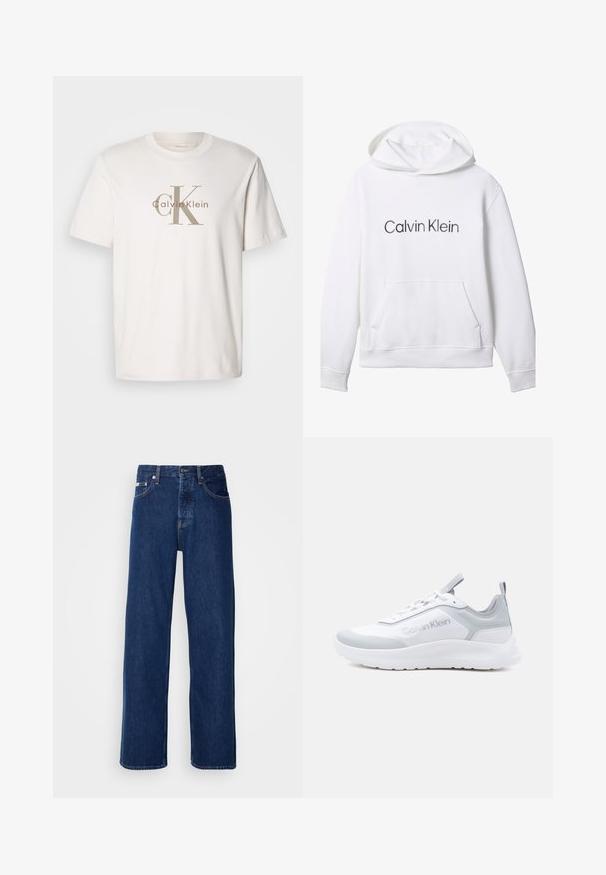 Witte capuchontrui met voorklepzak en "Calvin Klein" in het zwart gedrukt, gecentreerd op de borst.; Witte katoenen t-shirt met korte mouwen met een beige "cK Calvin Klein" logo gedrukt over de borst, ronde halslijn en een losse pasvorm.; Donkerblauwe denim jeans met een wijdbeen ontwerp, voorzien van een knoopsluiting en klassieke vijf-pocket styling. De stof heeft een gladde textuur.; Witte en grijze Calvin Klein sneaker met veters aan de voorkant, een gevoerde zool en lussen op de tong en hiel.